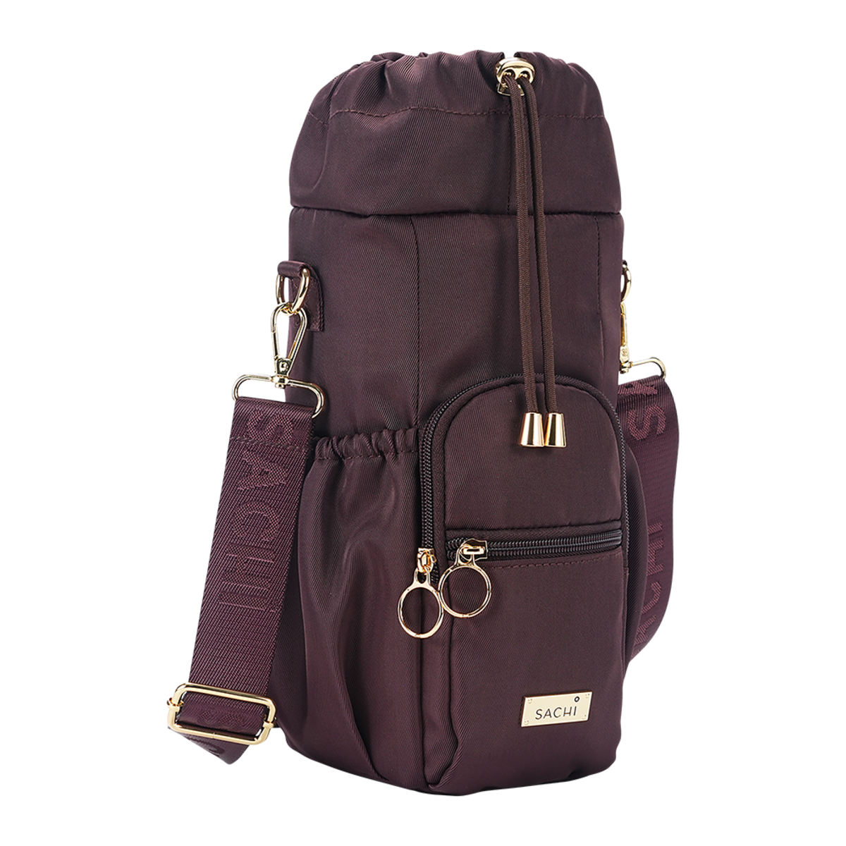 A dark plum purple Sachi brand nylon backpack with gold-tone hardware, featuring a top drawstring closure, a front zippered pocket, and an adjustable shoulder strap.