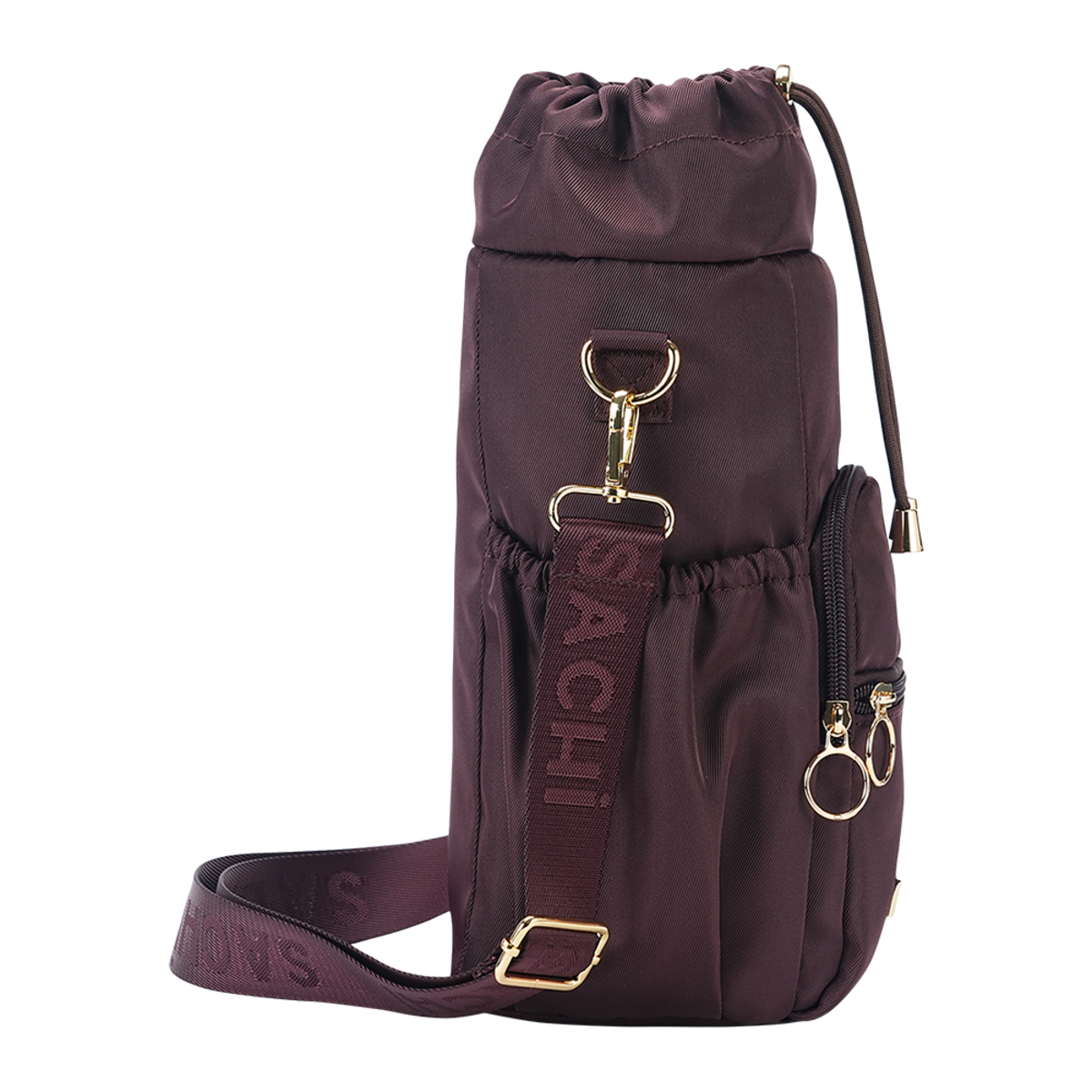 A dark plum purple Sachi nylon drawstring bottle bag with gold-tone hardware, featuring a detachable shoulder strap with 'SACHI' branding, a front zippered pocket, and a side mesh pocket, shown on a white background.