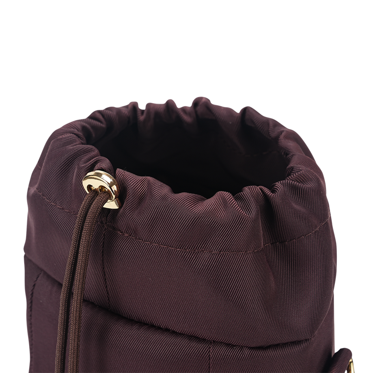 Close-up of a dark brown drawstring pouch or bag opening, showing the gathered fabric, drawstring cord, and a gold-tone metal grommet on a white background.