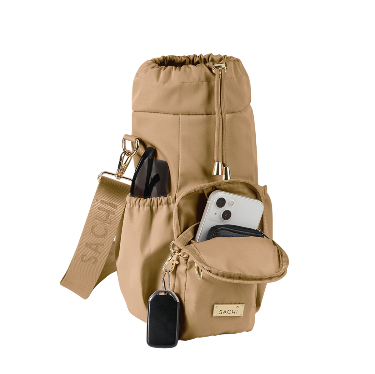 Sachi Crossbody Insulated Bottle Bag. Beige drawstring bag with phone and keys on a white background