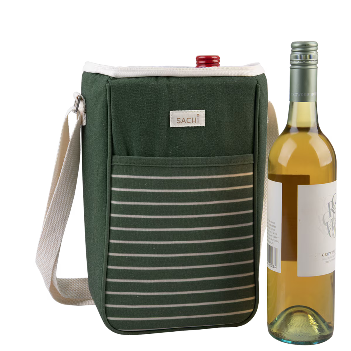 A dark green insulated wine bottle carrier bag with a white shoulder strap and a front pocket, shown next to a white wine bottle on a white background. The bag has a small SACHI brand label on the front.