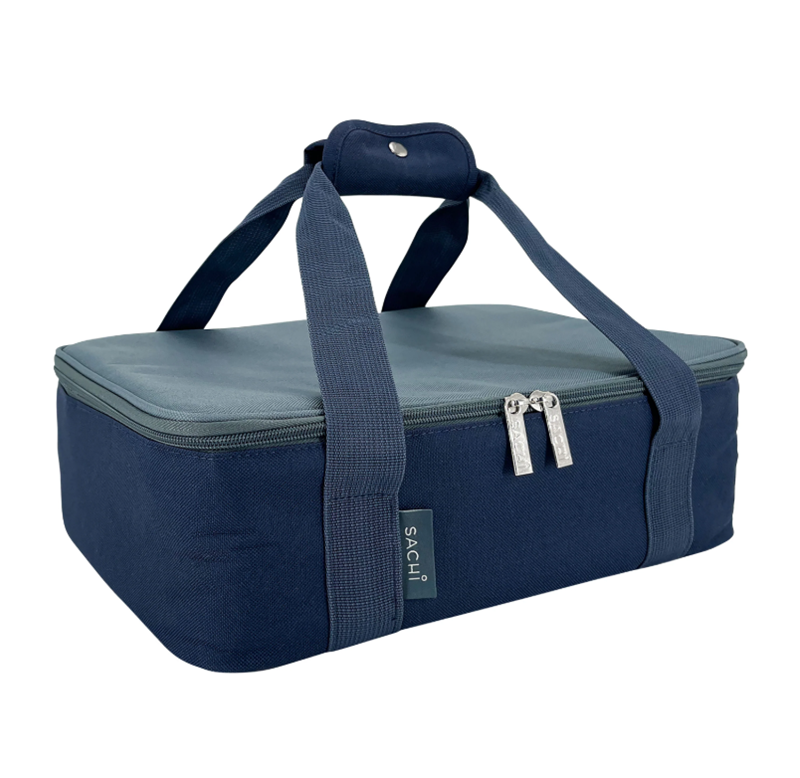 Sachi Insulated 'Cook & Carry' Bag. Navy blue and gray insulated food carrier with handle and shoulder strap on a white background