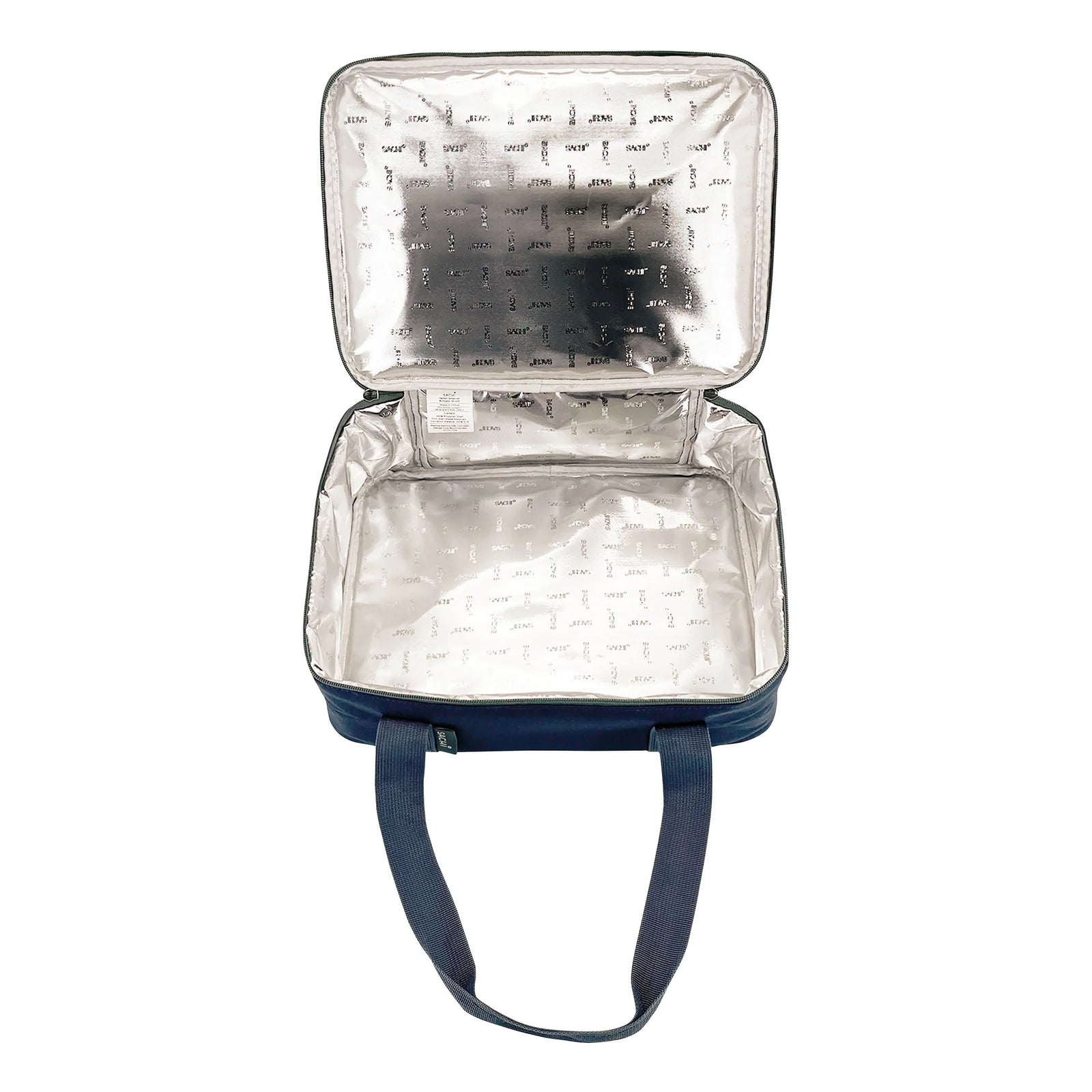 Sachi Insulated 'Cook & Carry' Bag. Navy blue and gray insulated food carrier with handle and shoulder strap on a white background