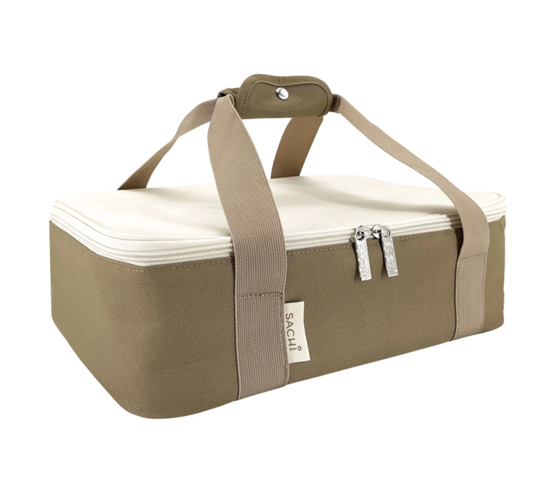 Sachi Insulated 'Cook & Carry' Bag. Beige cooler bag with a white interior on a white background