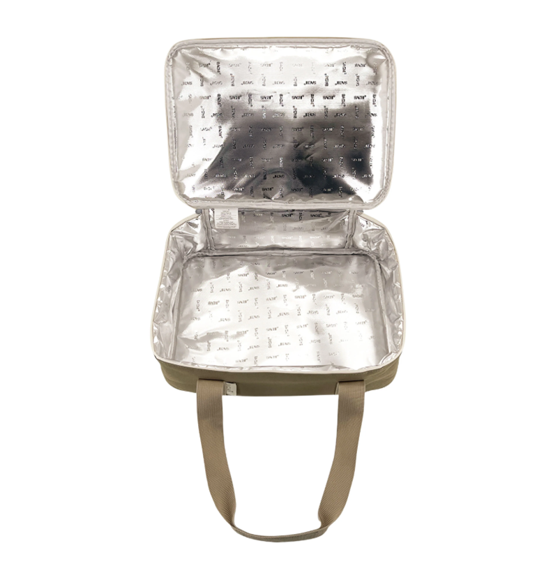 Sachi Insulated 'Cook & Carry' Bag. Beige cooler bag with a white interior on a white background