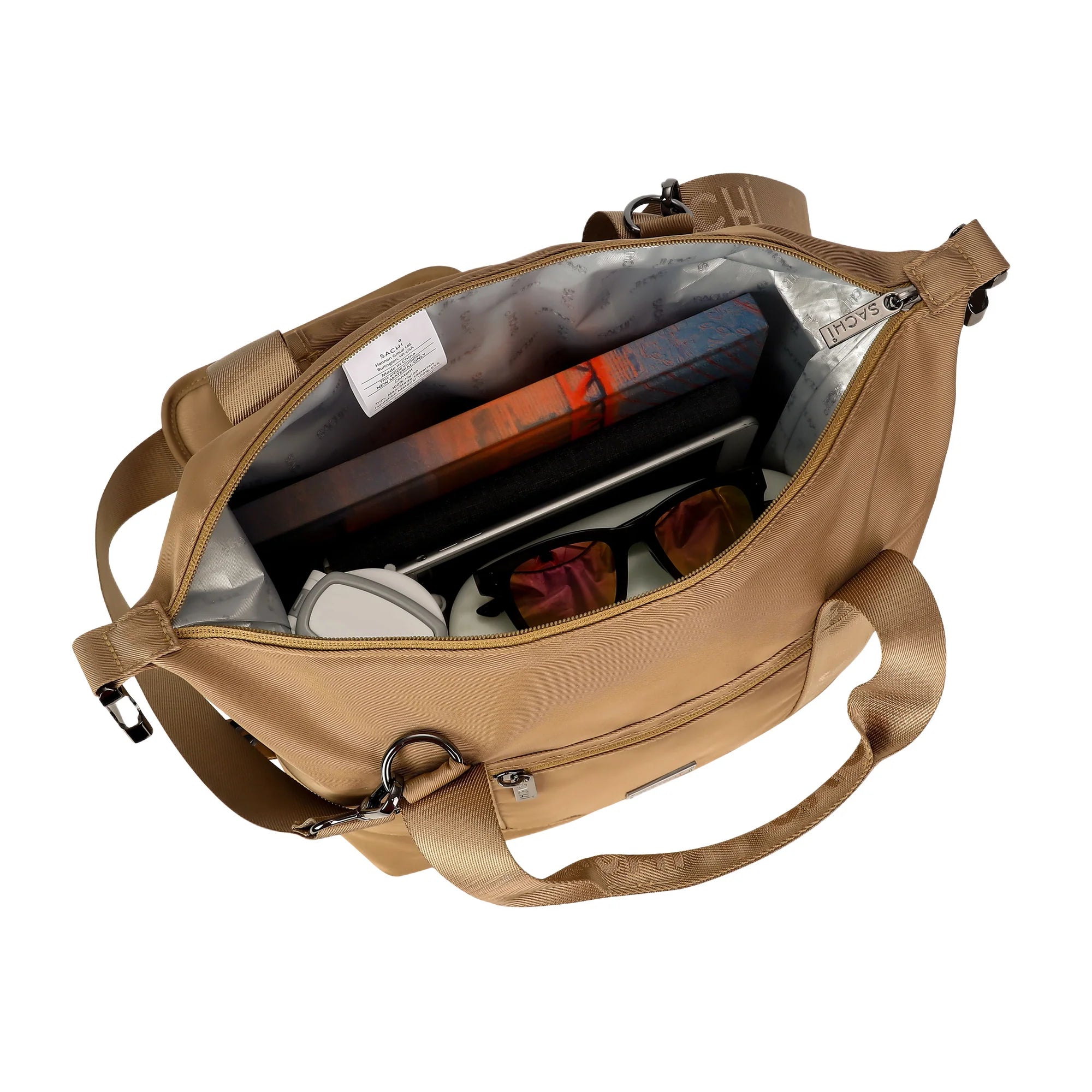 Sachi Insulated 'Versa' Adjustable Cooler Bag. Tan duffel bag with shoulder strap on a white background