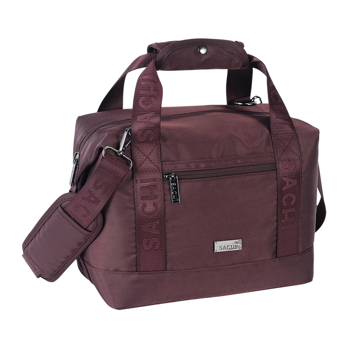 A Sachi travel duffel bag in a deep burgundy color, featuring a top handle, a detachable shoulder strap with 'SACHI' branding, a front zippered pocket, and a small metal brand plaque.