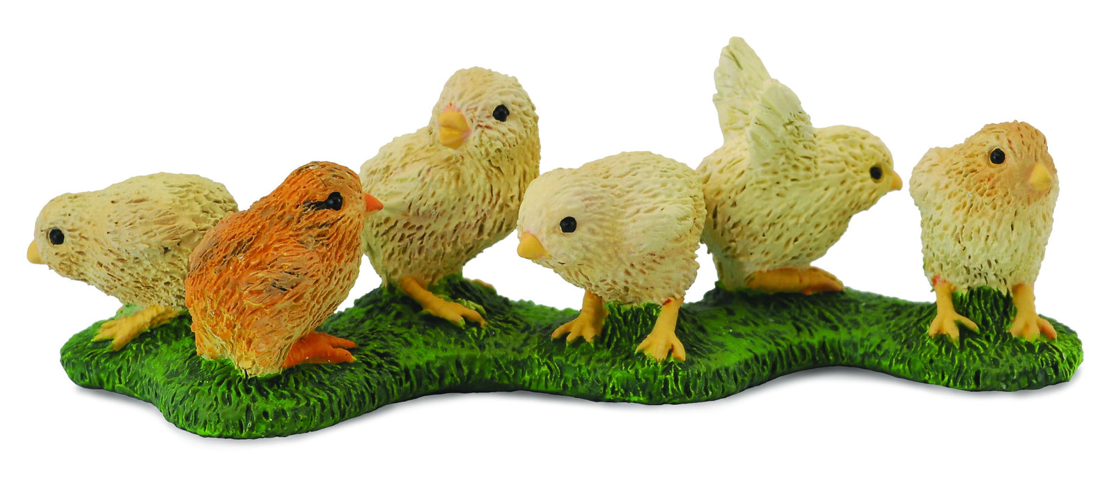 Set of six small bird figurines on a grassy base with a white background