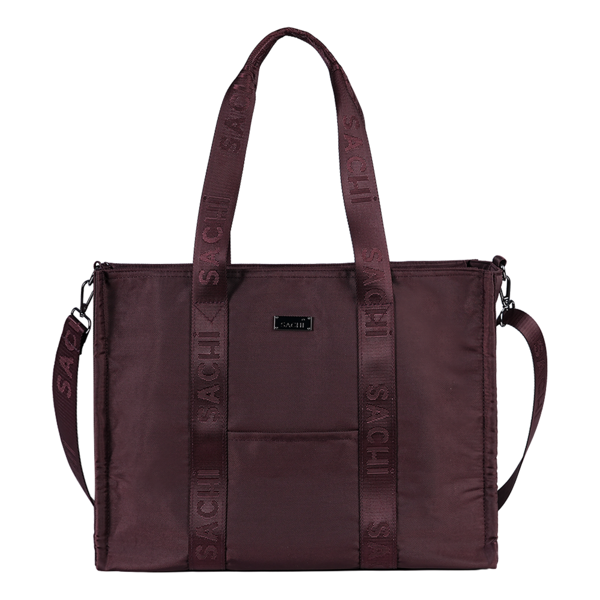 A dark burgundy nylon tote bag with a matching shoulder strap, featuring embossed brand names 'SACHI CHANDRI' on the handles and a small metal logo plaque on the front.