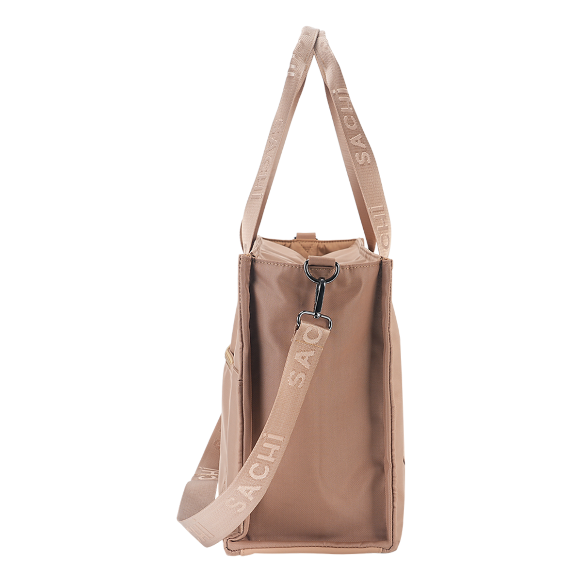 A beige tote bag with a matching adjustable shoulder strap featuring the brand name 'SACHI' printed repeatedly, shown against a plain white background.