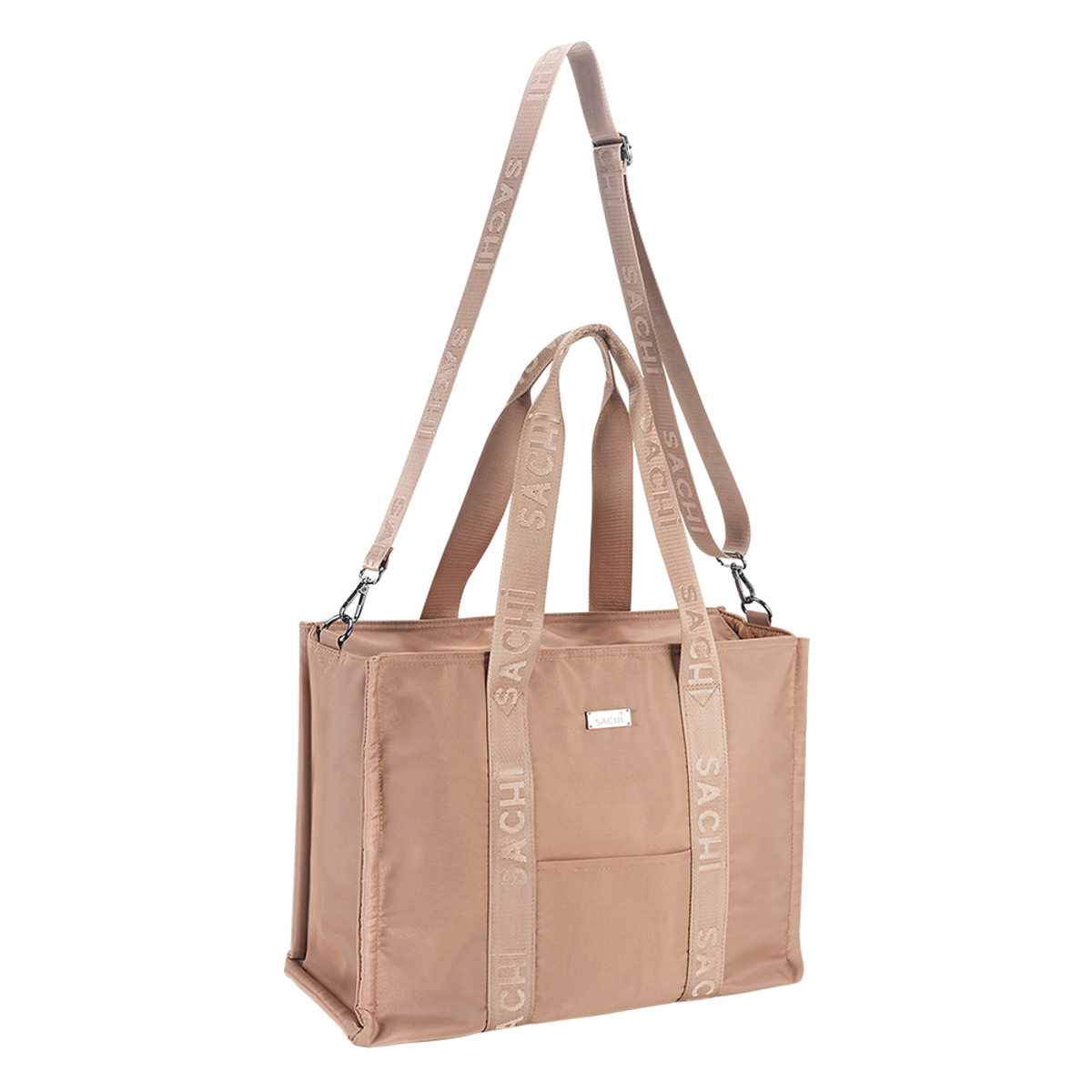 A beige tote bag with a matching shoulder strap, featuring the brand name 'SACHI' printed repeatedly on the strap, set against a plain white background.