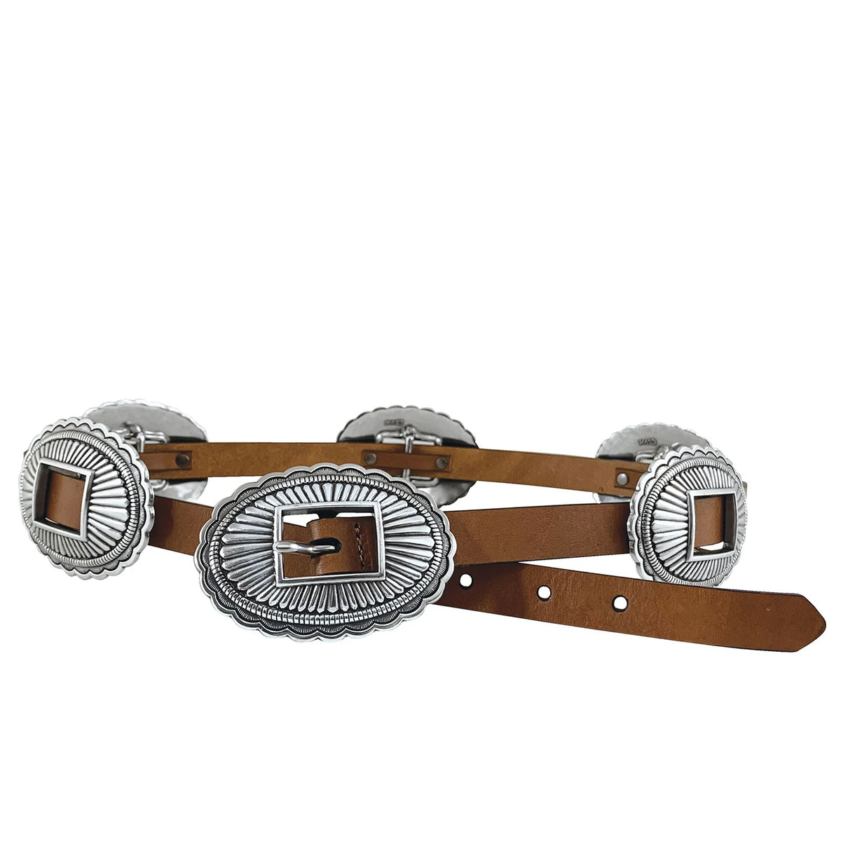 Brown leather belt with silver concho-style buckles on a white background