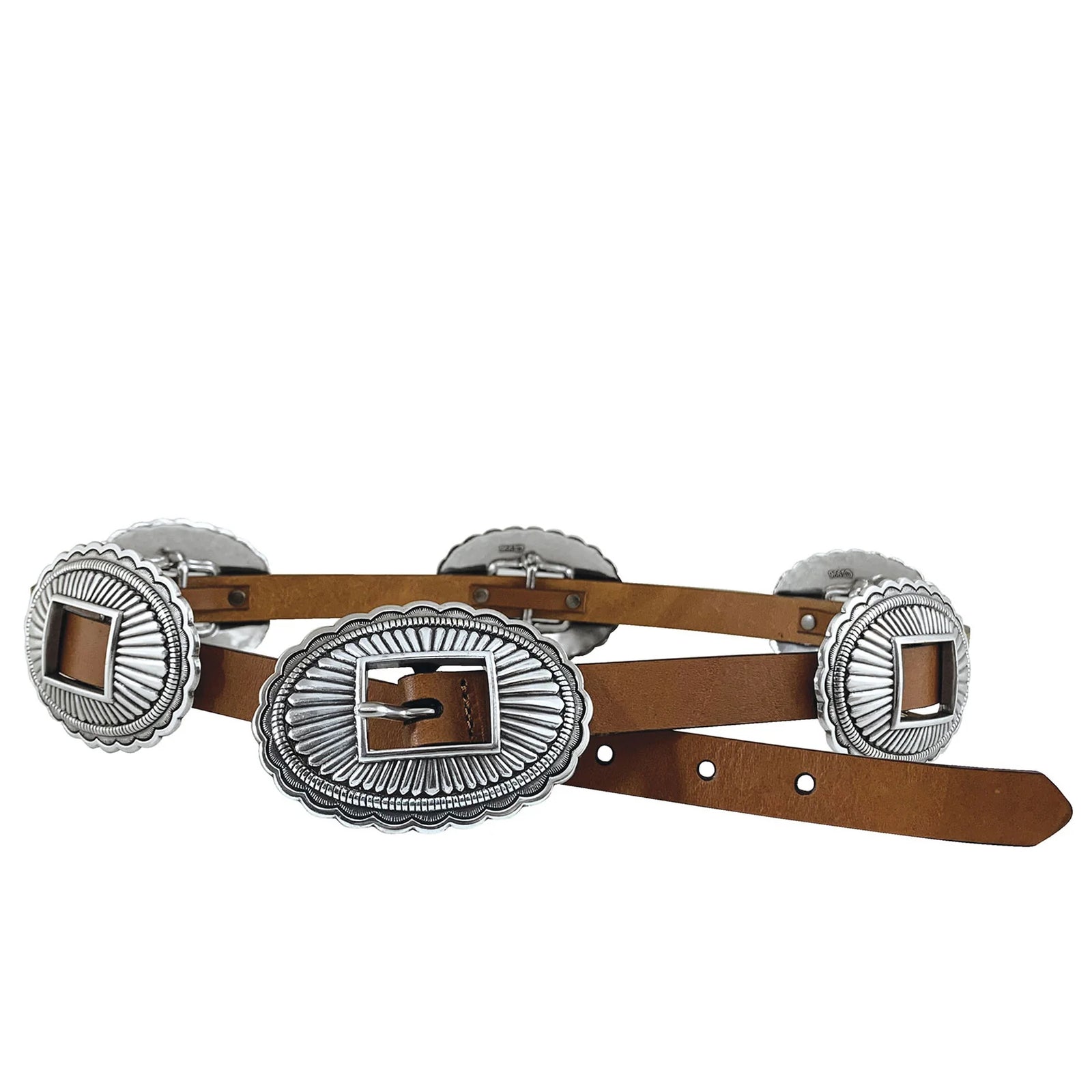 Brown leather belt with silver concho-style buckles on a white background