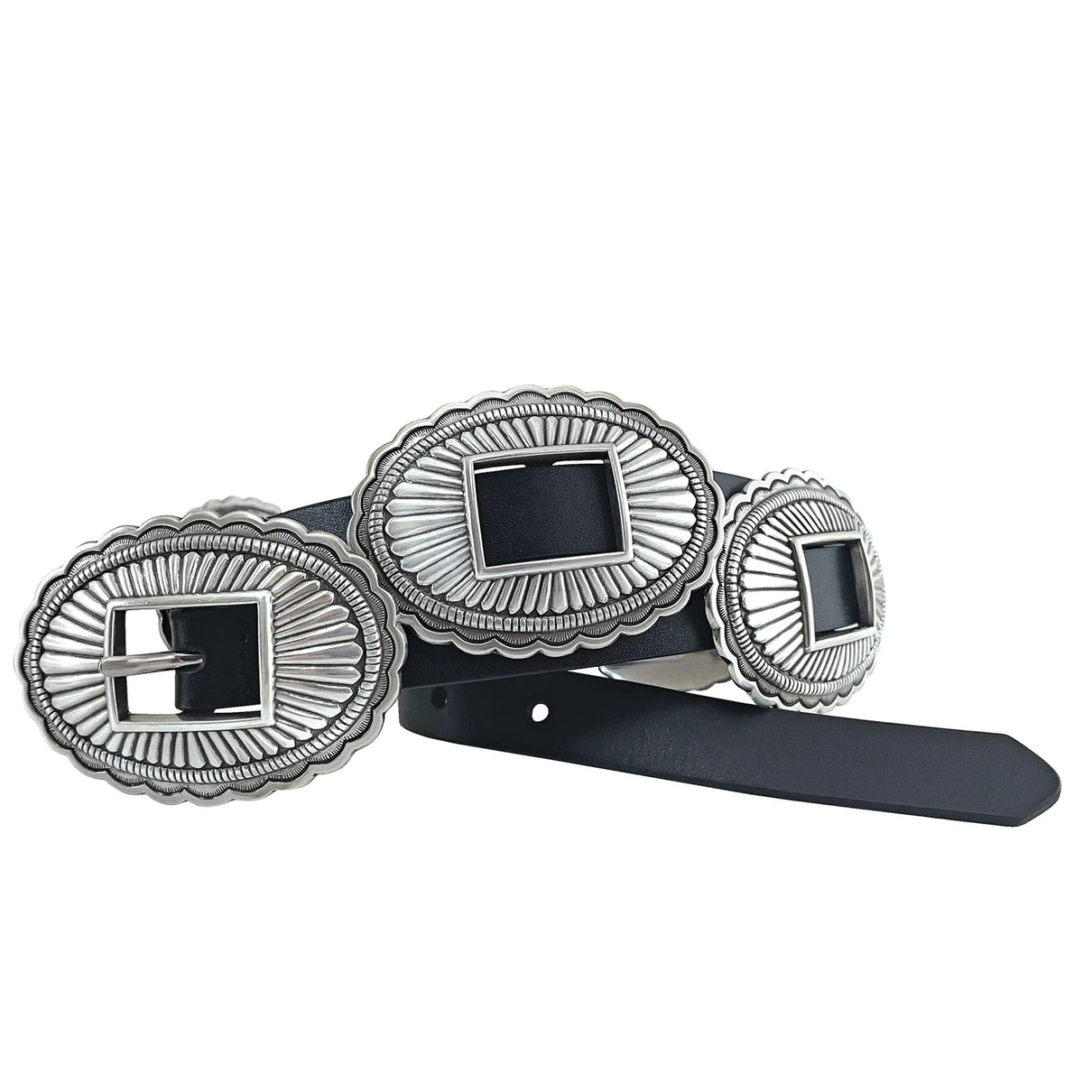 Black belt with silver concho-style belt buckles on a white background