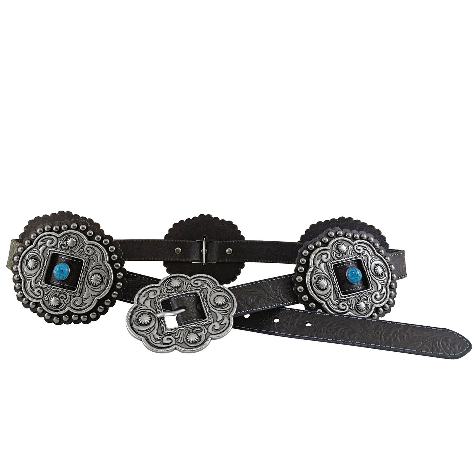 Black leather belt with silver concho-style buckles featuring blue stones on a white background
