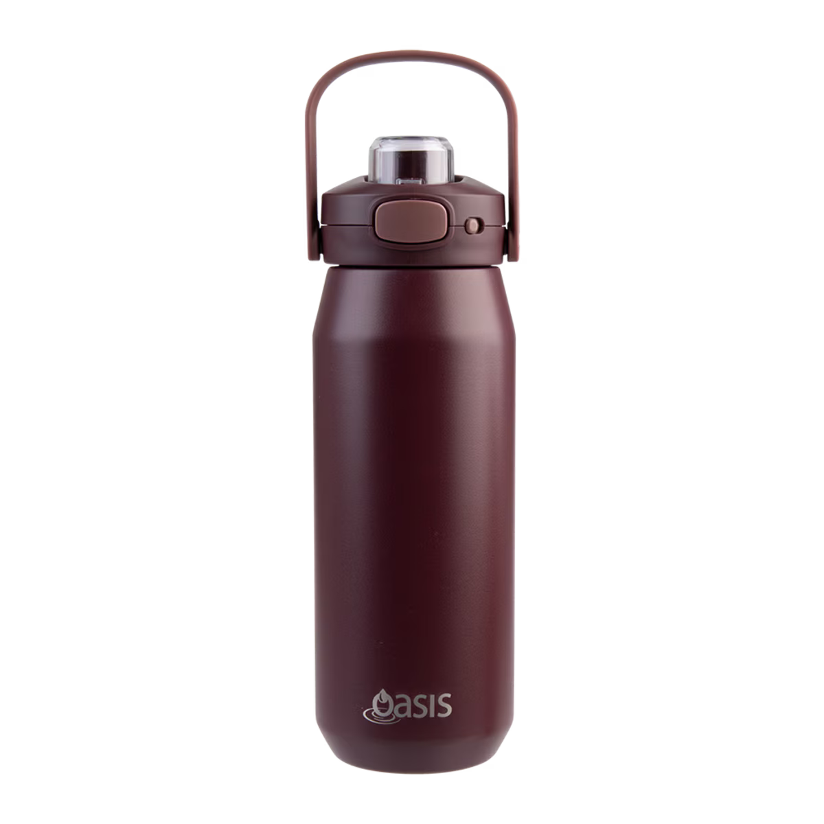 A matte dark burgundy insulated water bottle with a matching carrying loop lid, featuring the 'oasis' brand logo near the bottom, set against a plain white background.