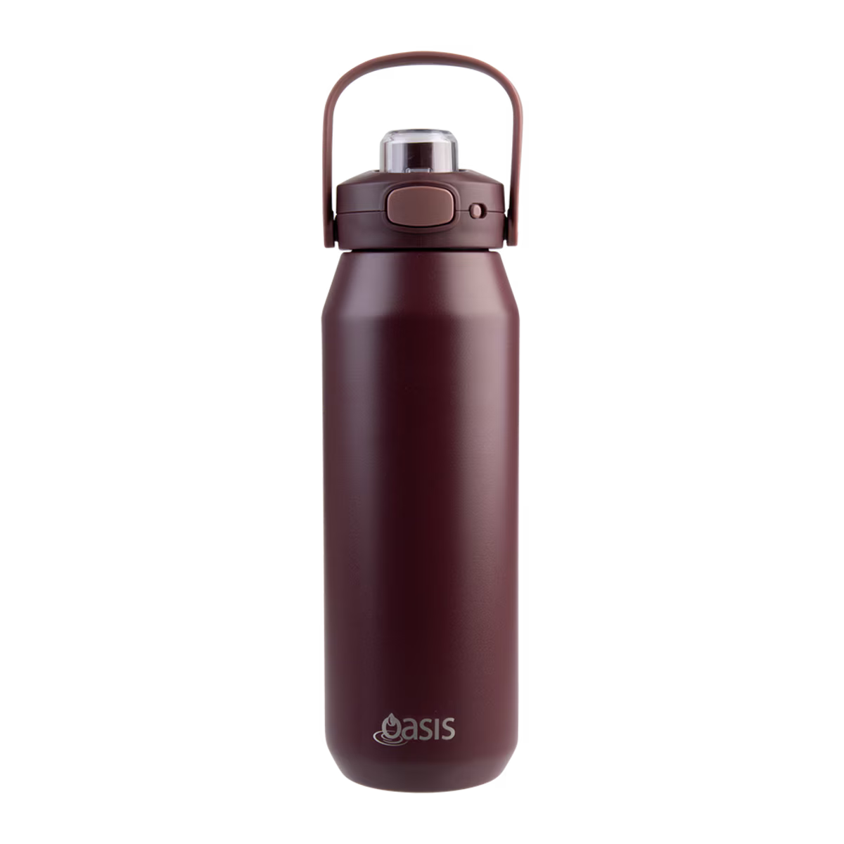 A matte dark brown insulated water bottle with a matching brown carrying loop lid, a stainless steel cap, and the 'oasis' brand logo printed near the bottom, shown on a solid white background.