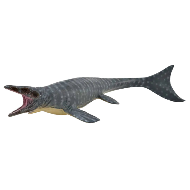 A toy or model of a prehistoric marine reptile resembling a mosasaur, shown against a solid pale cream background.