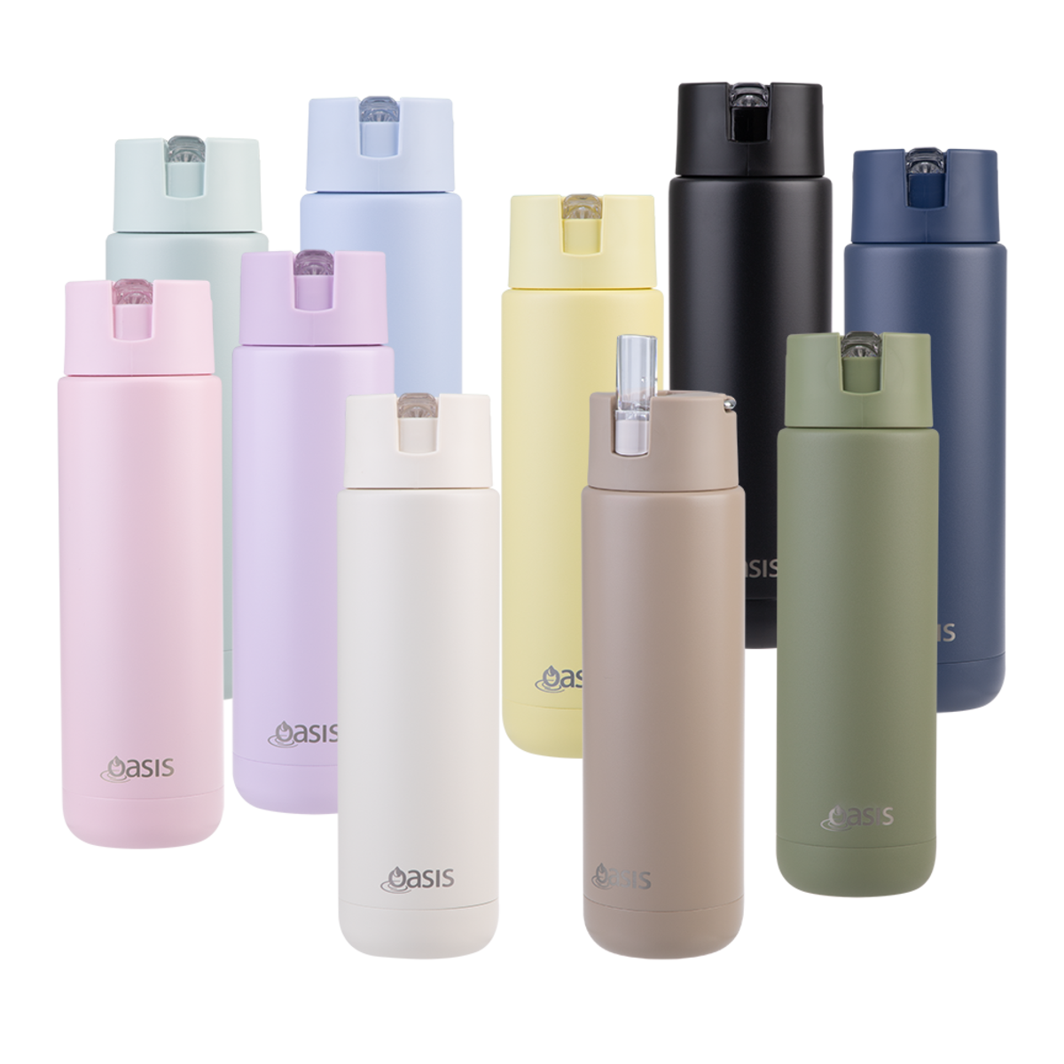 Oasis Ceramic Lines Stainless Steel Moda Drink Bottle- 700mL. Set of Oasis brand water bottles in various colors on a white background
