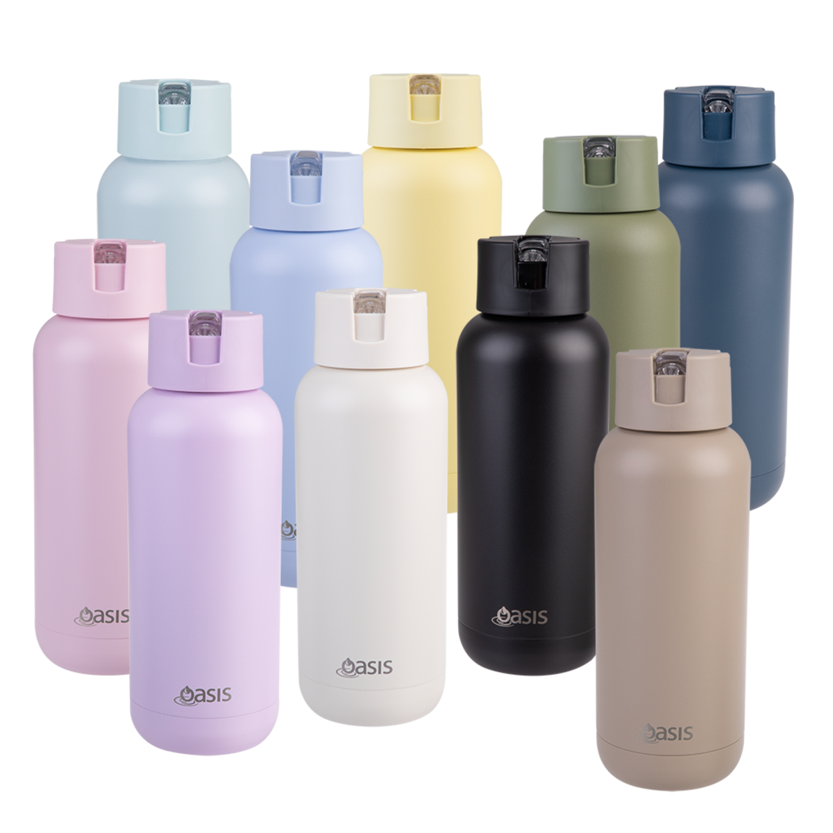 Oasis Ceramic Lined Stainless Steel Moda Drink Bottle- 1L. Set of Oasis brand water bottles in various colors on a white background
