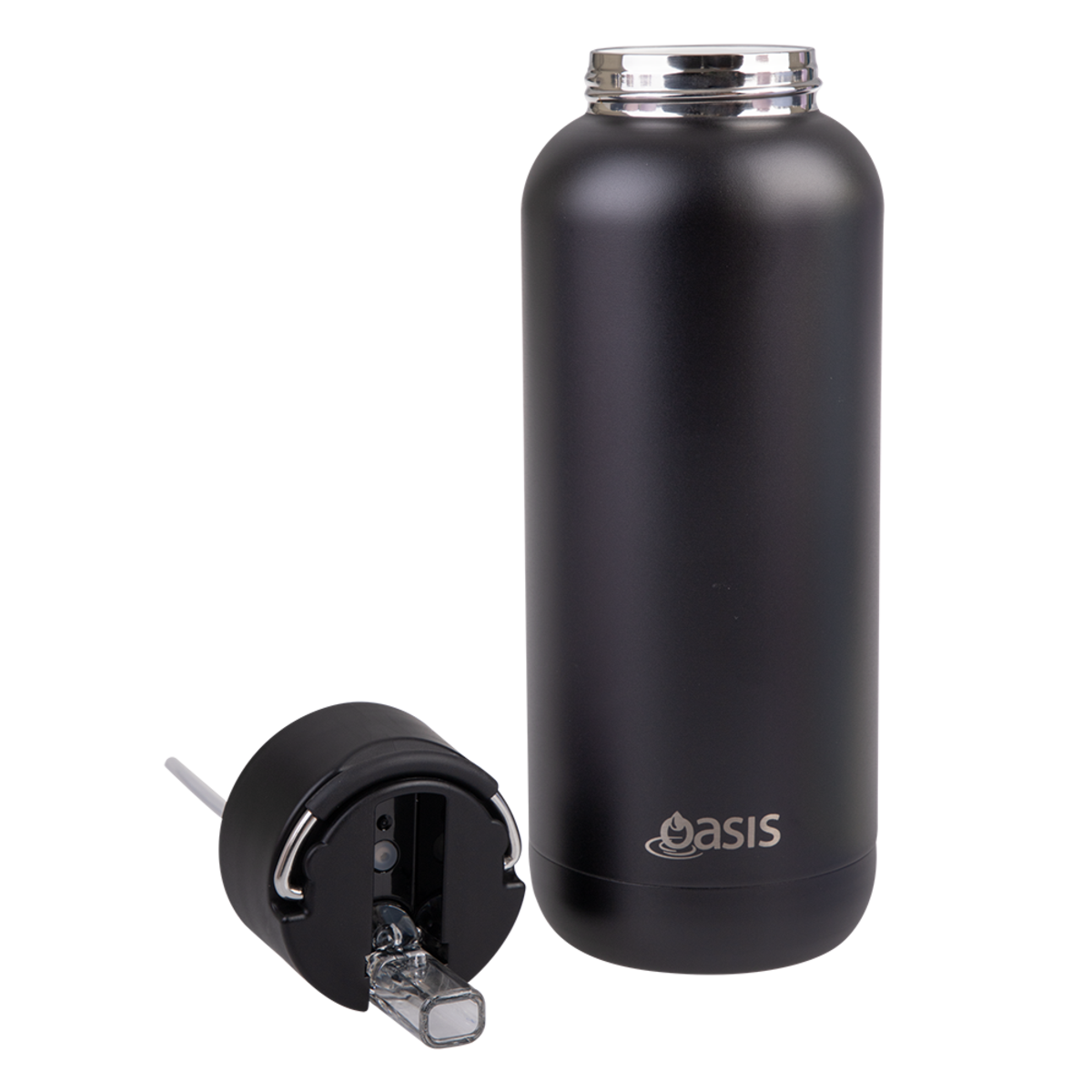 Oasis Ceramic Lined Stainless Steel Moda Drink Bottle- 1L. Black insulated bottle with silver cap on a white background