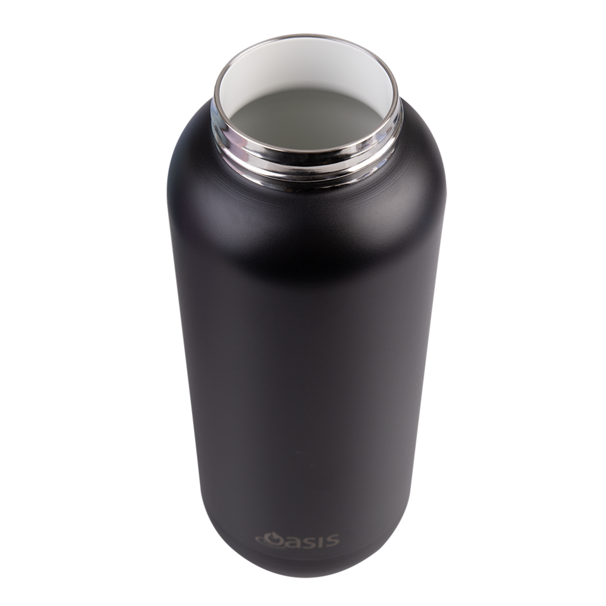 Oasis Ceramic Lined Stainless Steel Moda Drink Bottle- 1L. Black insulated bottle with silver lid on a white background