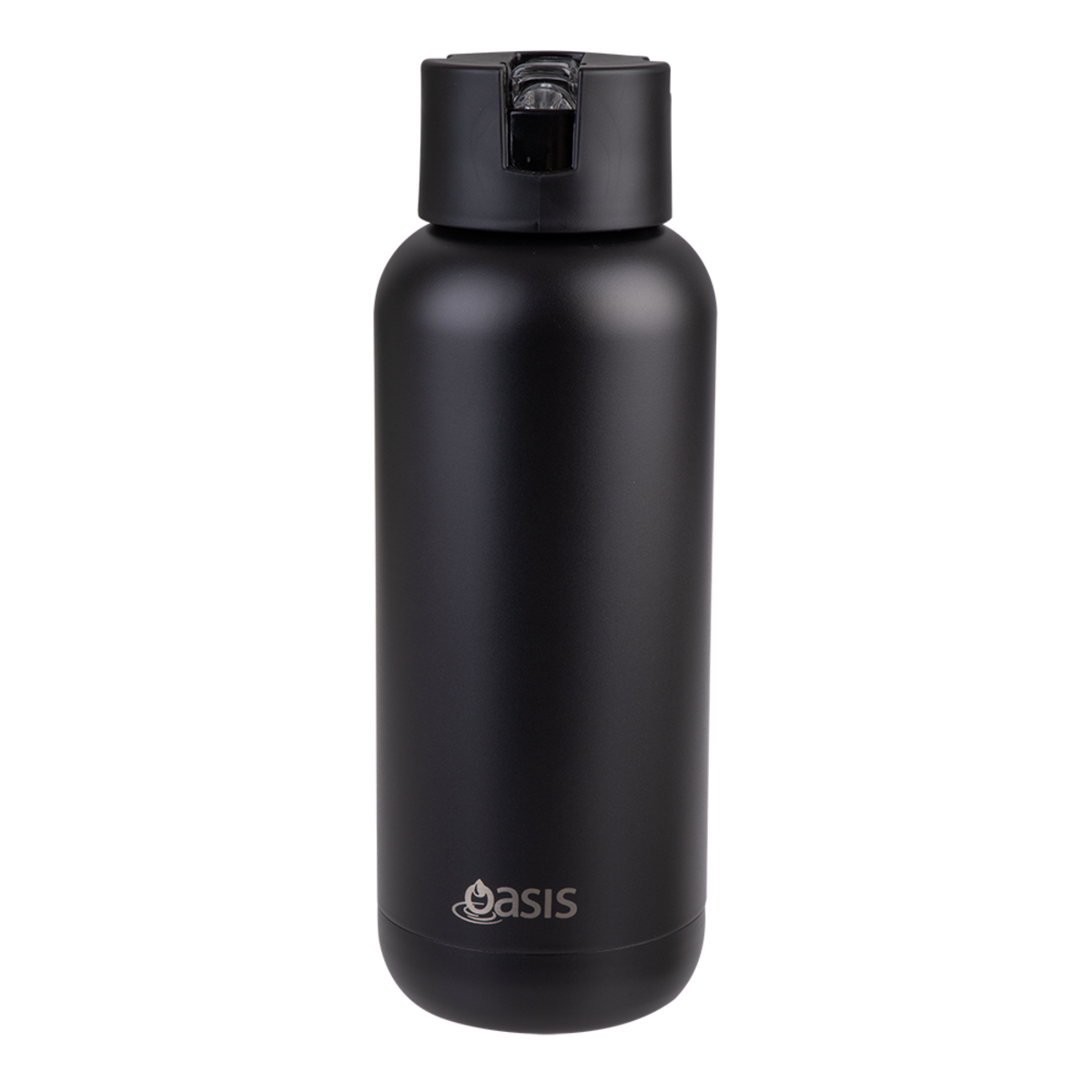 Oasis Ceramic Lined Stainless Steel Moda Drink Bottle- 1L. Black water bottle with 'Oasis' logo on a white background