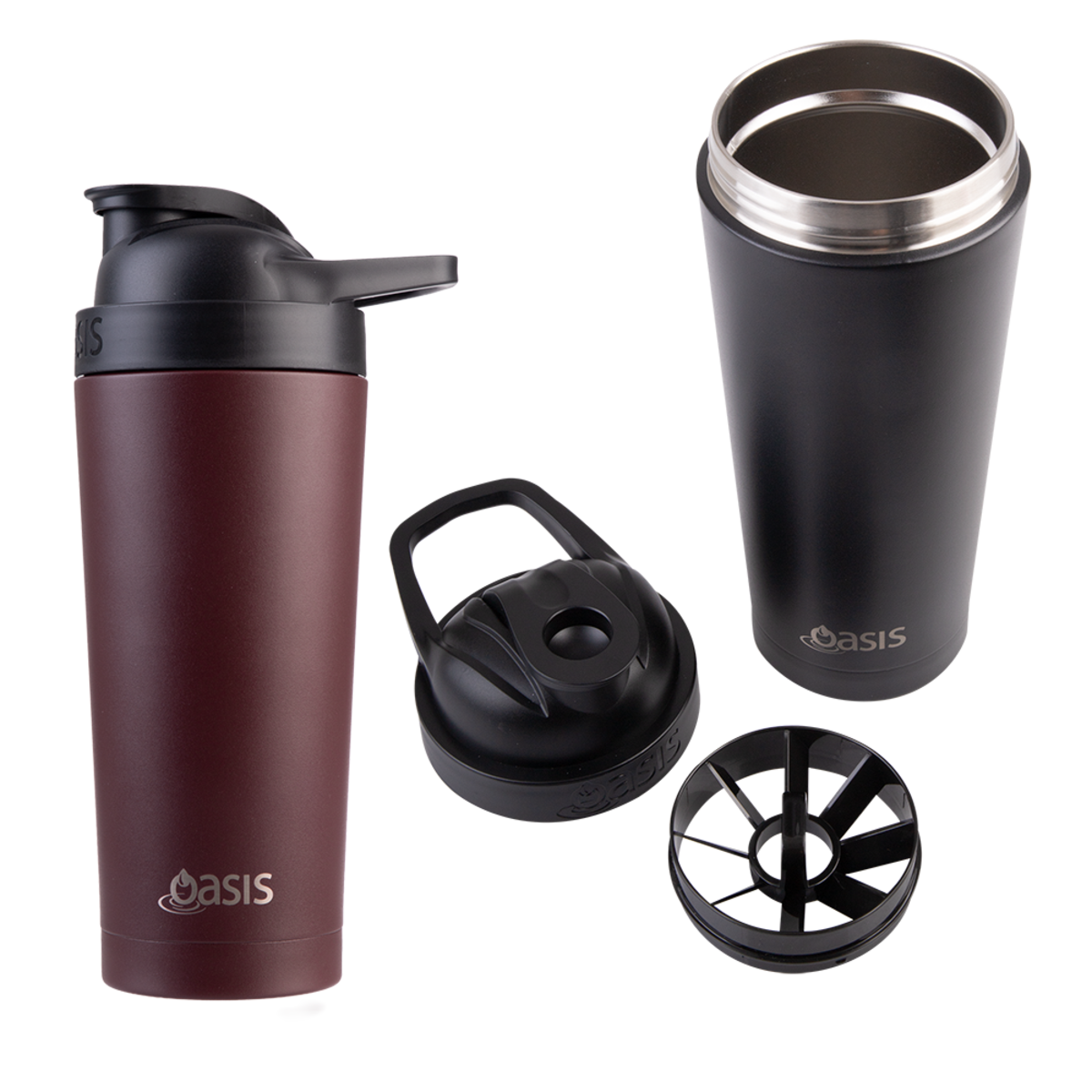 An Oasis travel tumbler set shown on a white background, including a 20oz shaker bottle in burgundy and black, a 32oz travel tumbler in matte black with a stainless steel rim, a black carry loop lid, and a black spout lid.