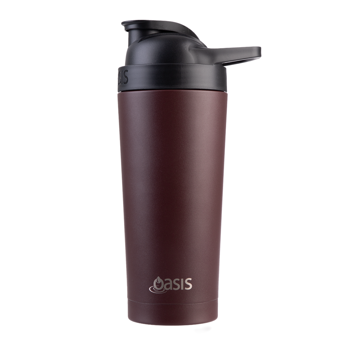 A matte dark brown insulated tumbler with a black flip-top lid and silver 'OASIS' branding near the bottom, shown on a plain white background.