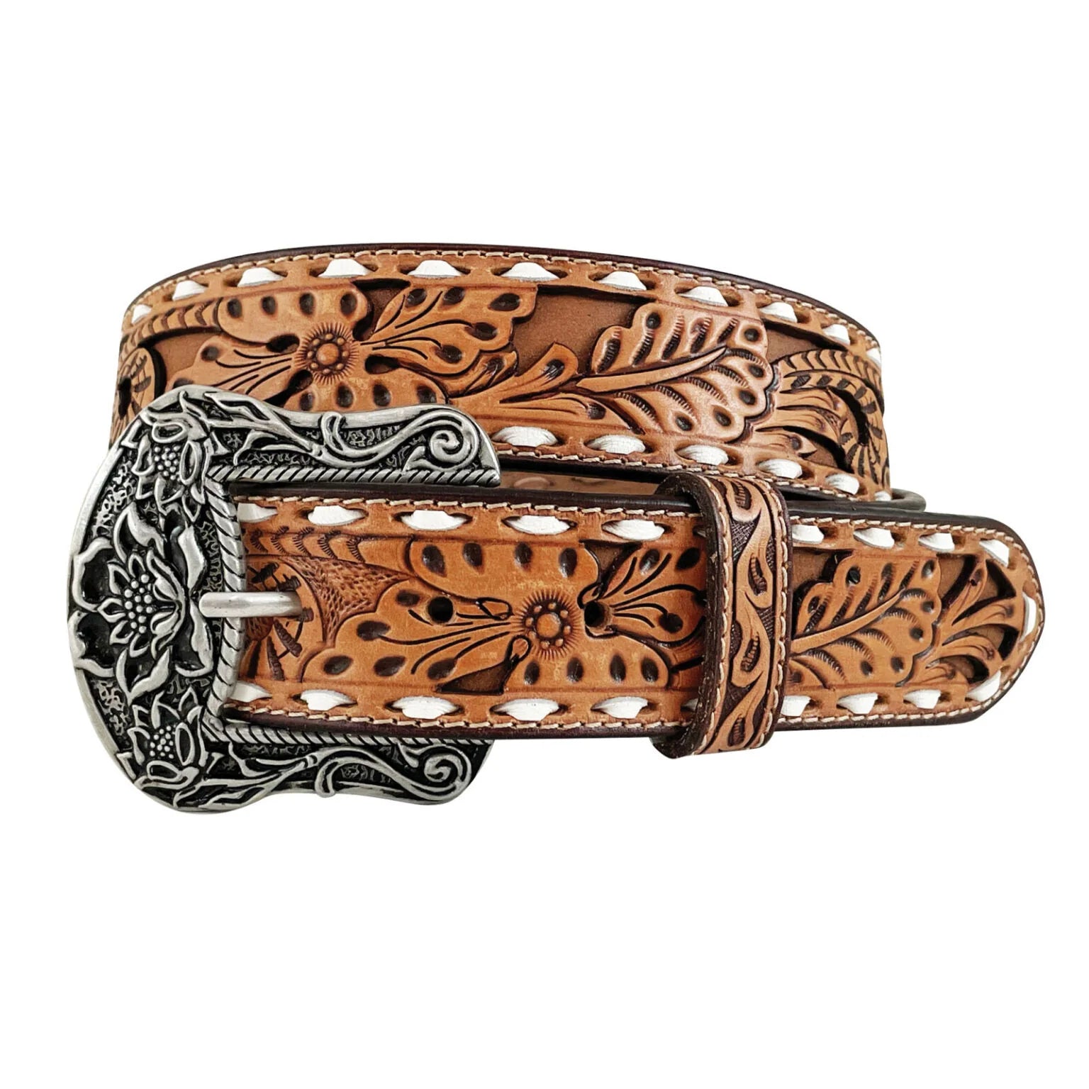 Brown leather belt with intricate floral patterns and a silver buckle on a white background