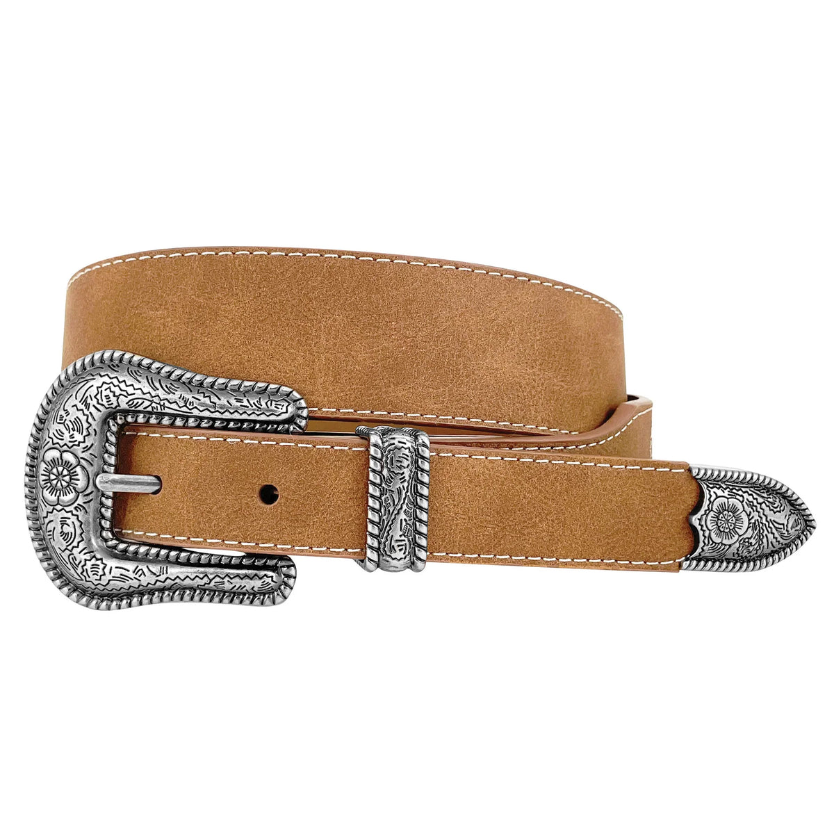 Brown leather belt with silver buckle on a white background