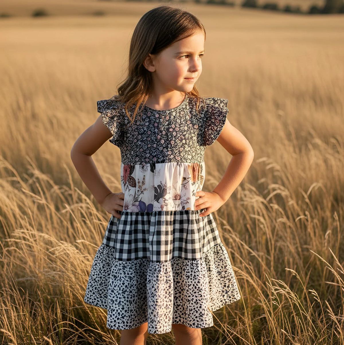 Young girl in a patterned dress standing in a field with a sunset background