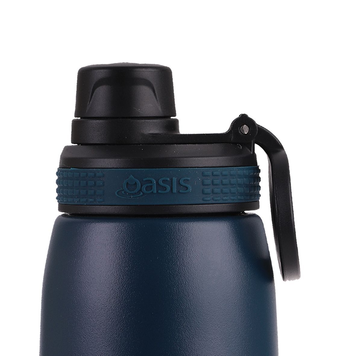 Oasis Stainless Steel Sports Bottle - 780ml. Close-up of a blue water bottle with black lid and handle on a white background