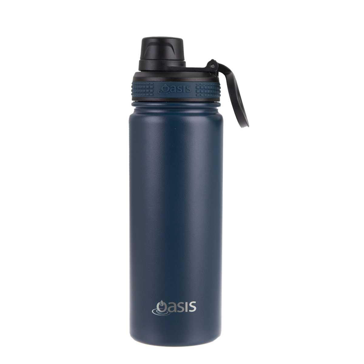 Oasis Challenger Stainless Steel Sports Bottle - 550ml. Navy blue water bottle with black lid on a white background