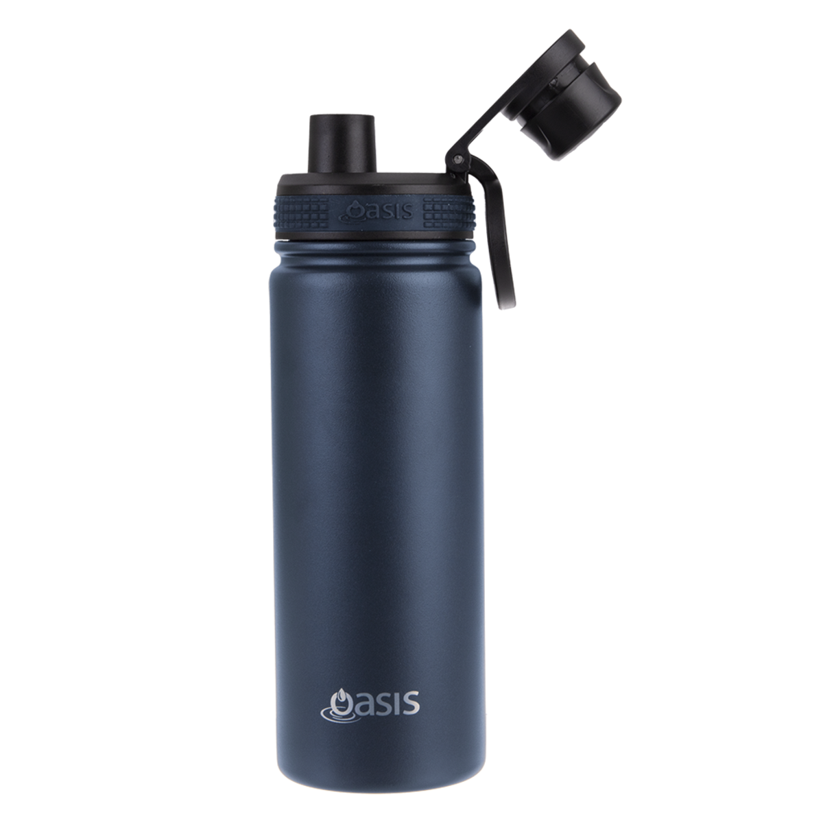 Oasis Challenger Stainless Steel Sports Bottle - 550ml. Navy blue water bottle with black lid on a white background