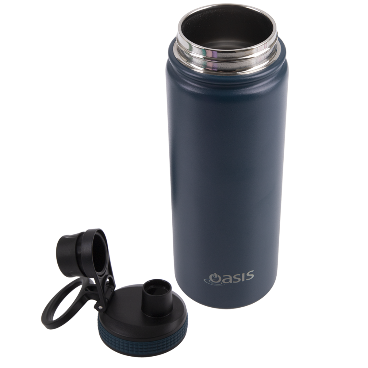 Oasis Challenger Stainless Steel Sports Bottle - 550ml. Navy blue insulated bottle with black cap on a white background