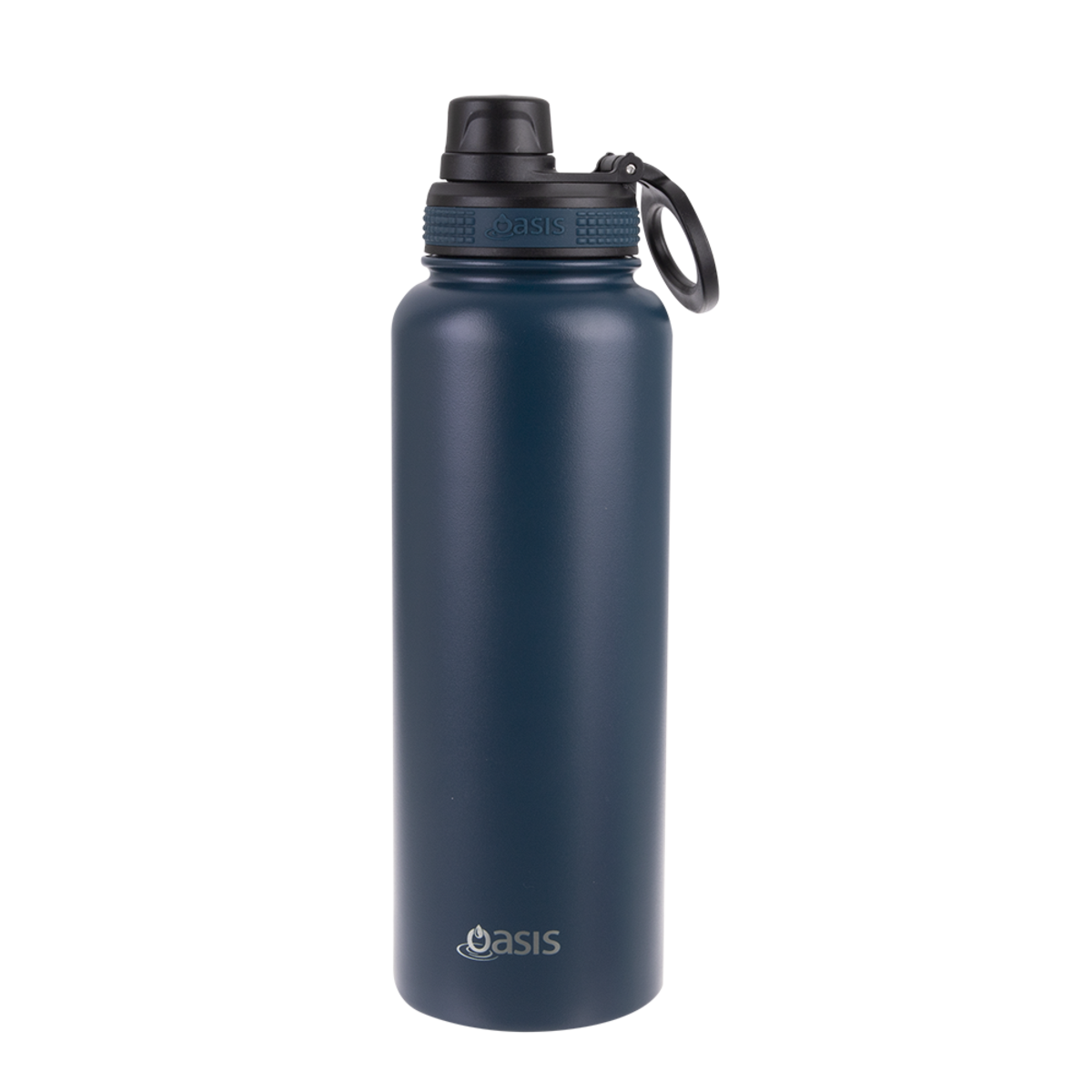 Oasis Challenger Stainless Steel Sports Bottle - 1.1L. Navy blue water bottle with black cap on a white background