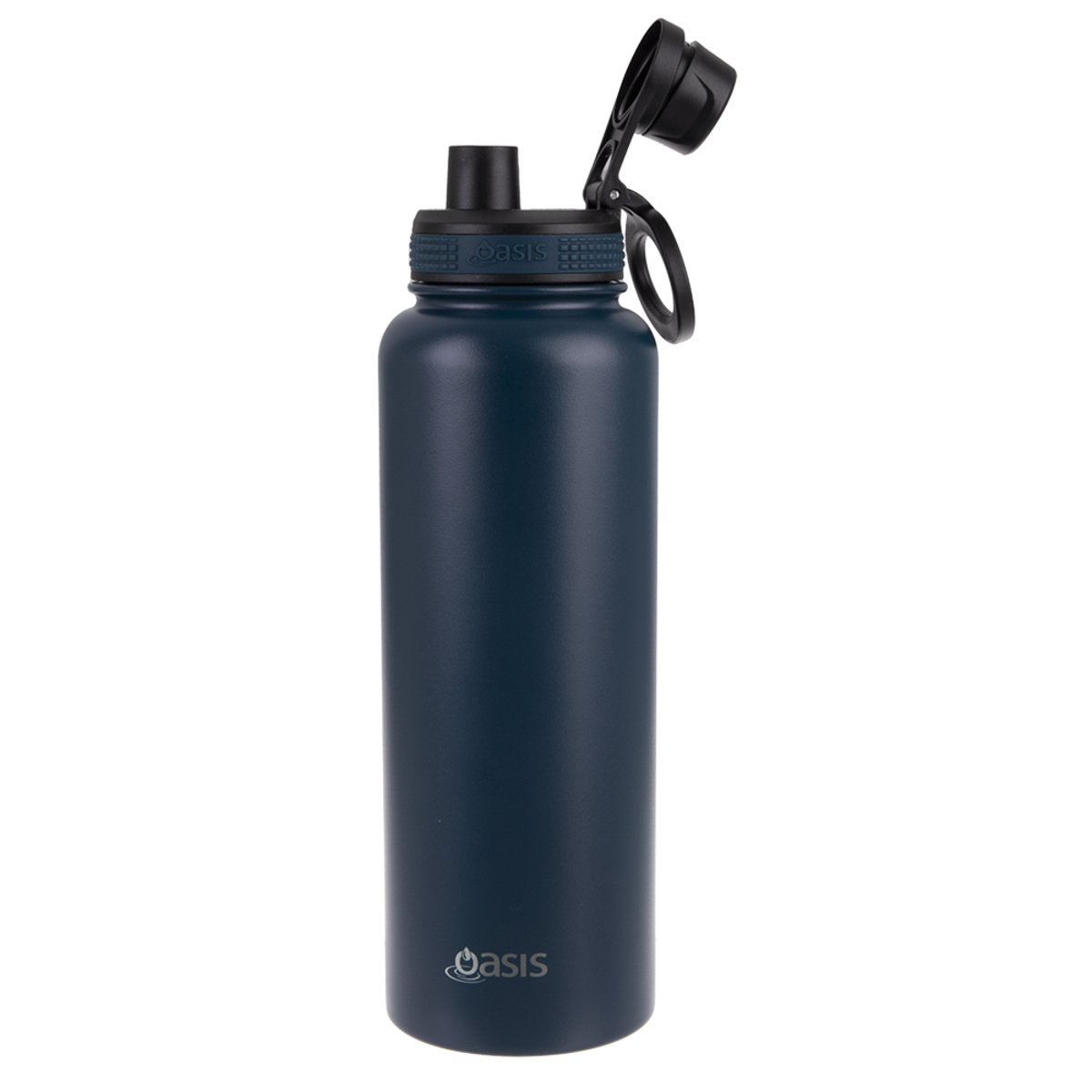 Oasis Challenger Stainless Steel Sports Bottle - 1.1L. Black water bottle with a black lid on a white background, featuring the Oasis brand.