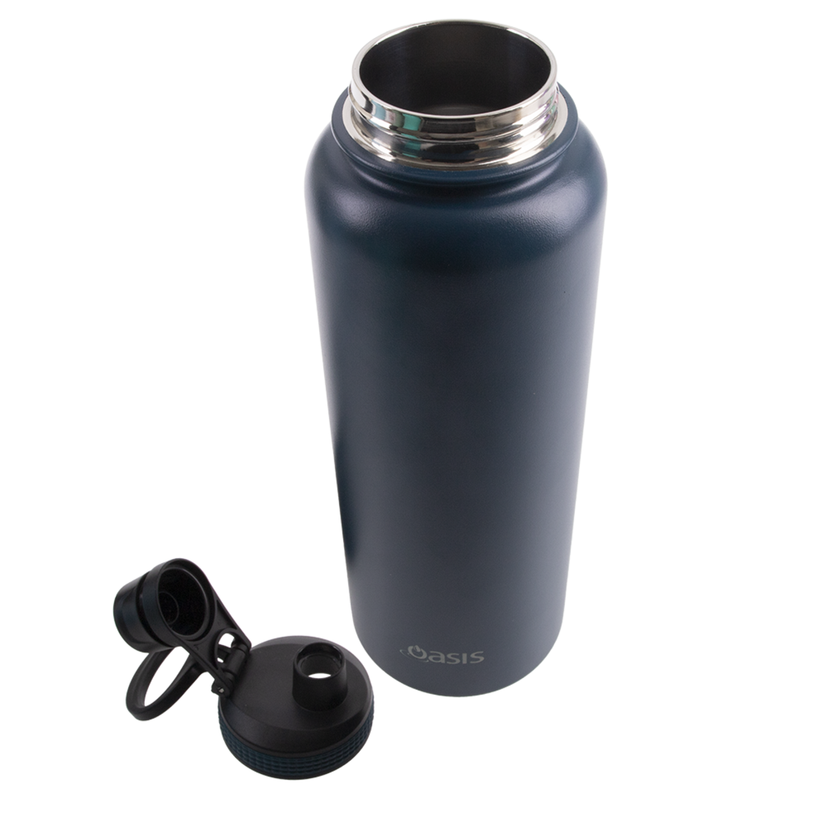 Oasis Challenger Stainless Steel Sports Bottle - 1.1L. Blue insulated bottle with black cap on a white background