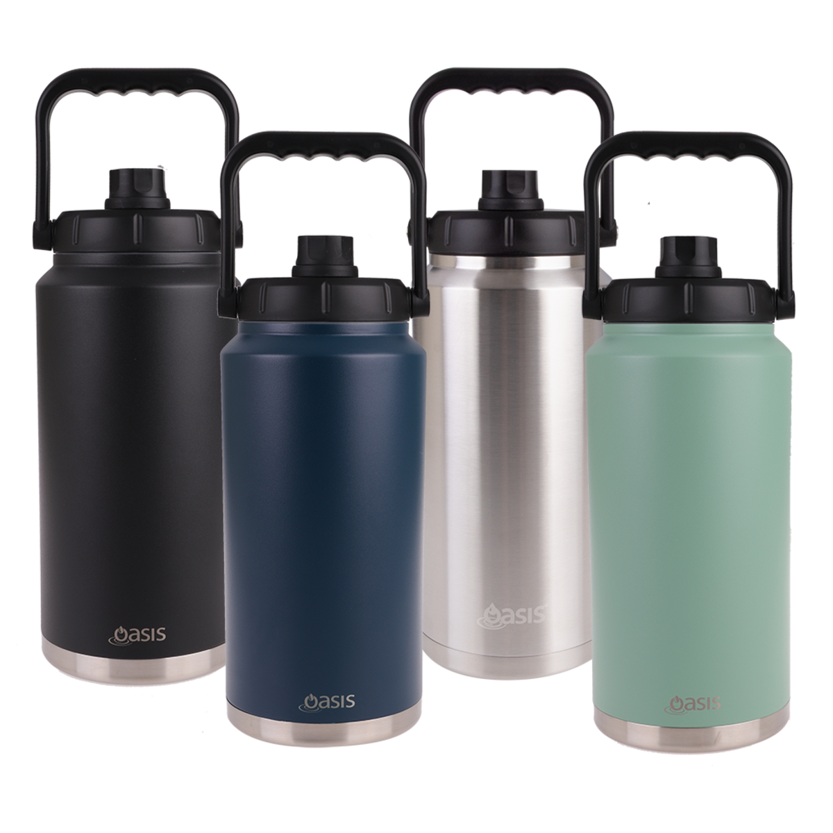 Oasis Stainless Steel Double Wall Insulated Jug w/ Carry Handle 3.8L. Four insulated water bottles in black, blue, silver, and green with 'oasis' branding on a white background.