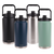 Oasis Stainless Steel Double Wall Insulated Jug w/ Carry Handle 3.8L. Four insulated water bottles in black, blue, silver, and green with 'oasis' branding on a white background.