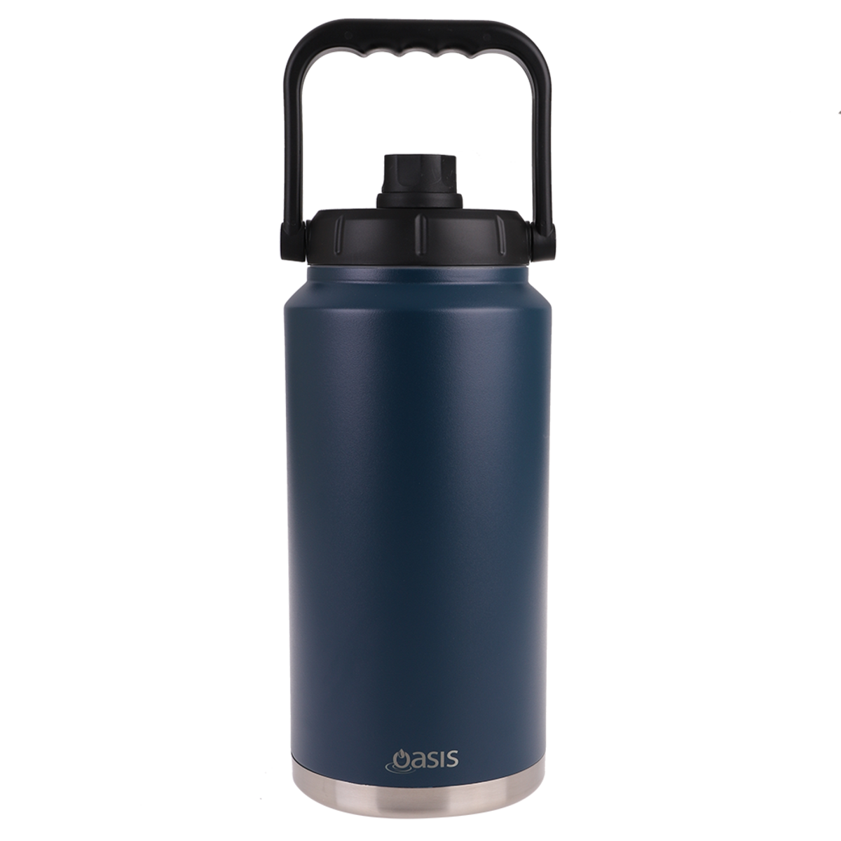 Oasis Stainless Steel Double Wall Insulated Jug w/ Carry Handle 3.8L. Four insulated water bottles in black, blue, silver, and green with 'oasis' branding on a white background.