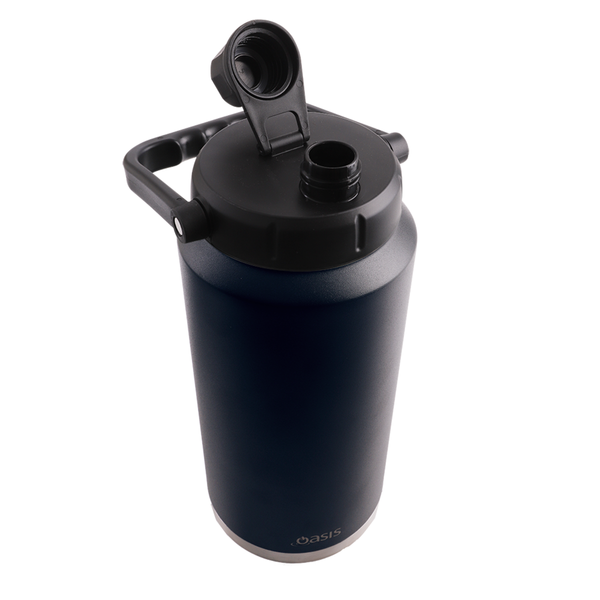 Oasis Stainless Steel Double Wall Insulated Jug w/ Carry Handle 3.8L. Navy water bottle with a cap on a white background