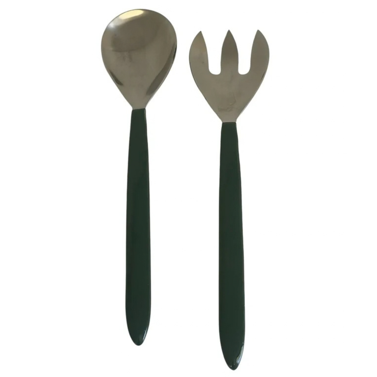 A salad server and serving fork set with dark green handles and silver metal heads, shown on a plain white background.