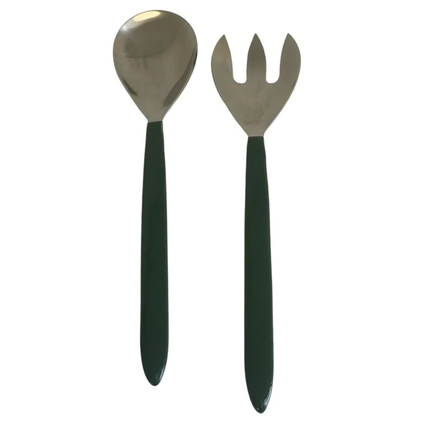 A salad spoon and serving fork set with dark green handles and silver metal heads, shown on a plain white background.