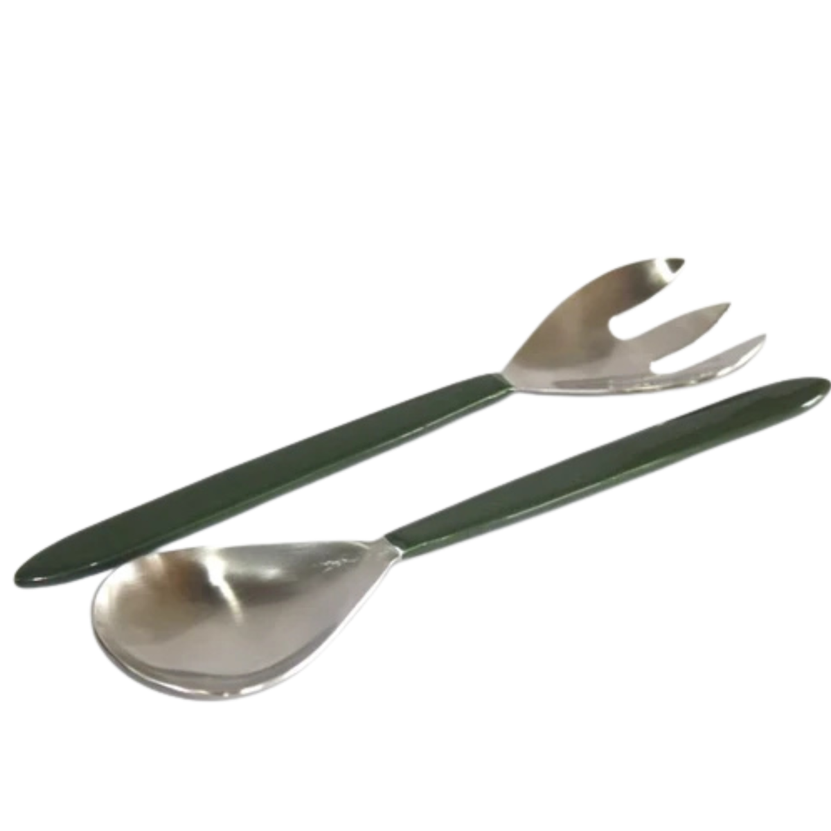 A salad spoon and serving fork set with dark green handles and silver metal heads, shown on a plain white background.