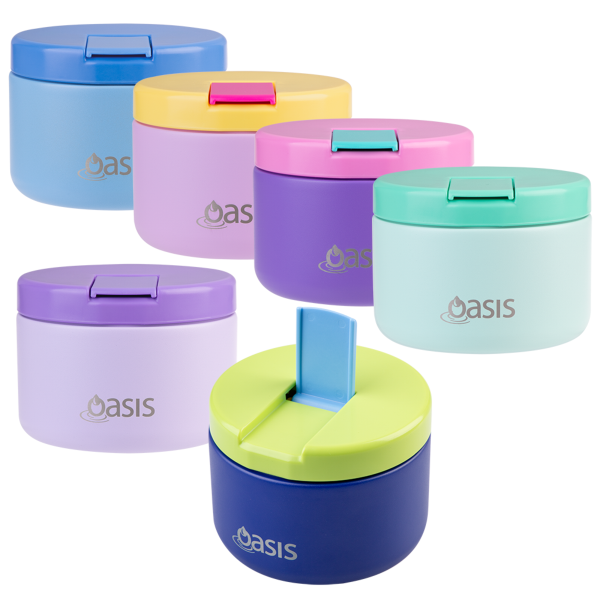 Oasis Stainless Steel Double Wall Insulated Food Flask -300mL. Set of colorful 'oasis' containers with lids on a white background