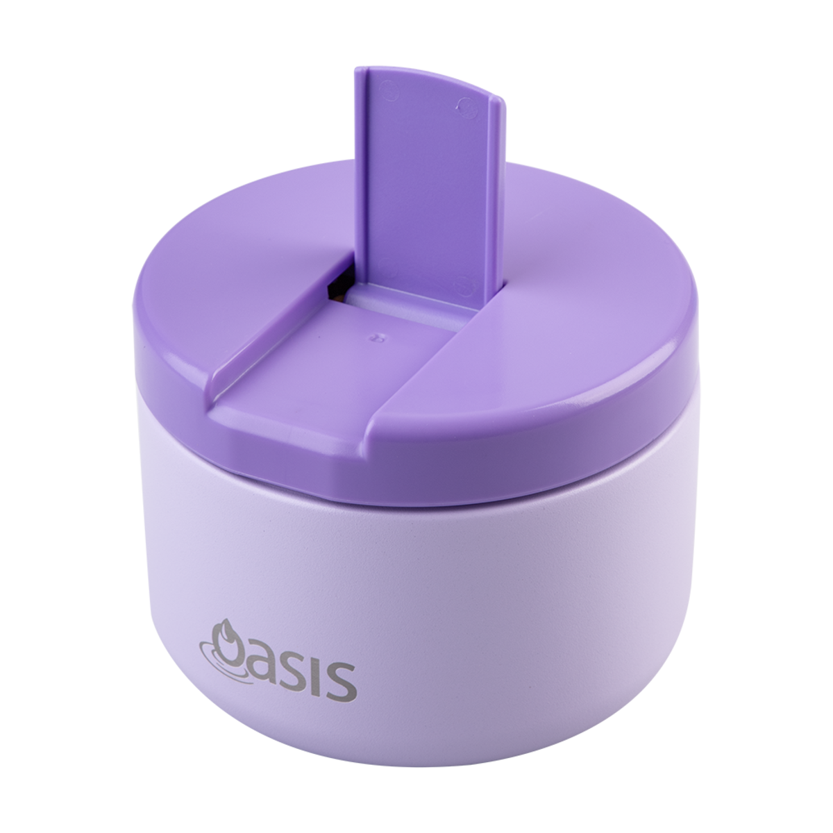 Oasis Stainless Steel Double Wall Insulated Food Flask -300mL. Purple container with a lid featuring the 'Oasis' brand on a white background