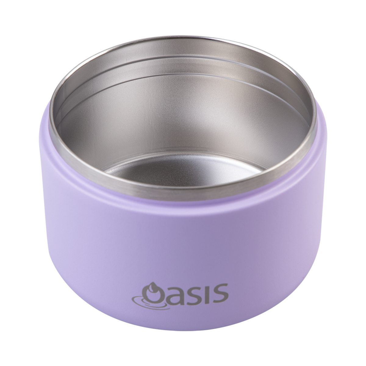 Oasis Stainless Steel Double Wall Insulated Food Flask -300mL. Purple insulated container with silver lid on a white background