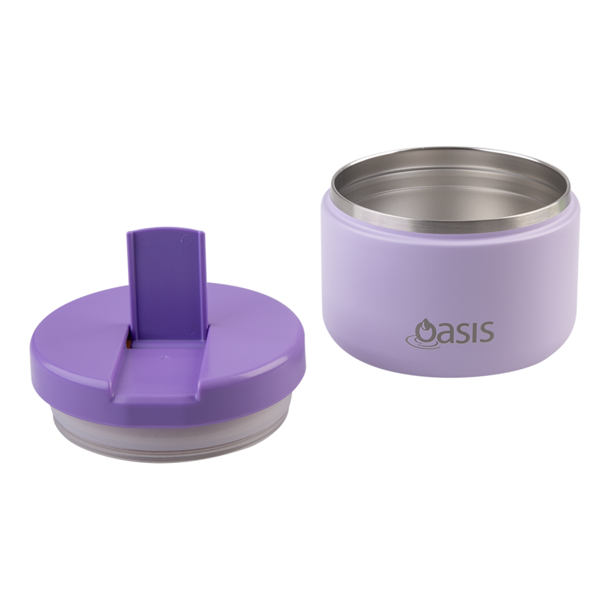 Oasis Stainless Steel Double Wall Insulated Food Flask -300mL. Purple insulated container with a silver lid on a white background